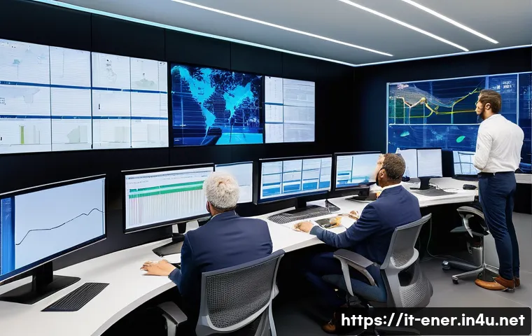 에너지기술 공기업 취업 전략 - A modern control room inside an Italian public energy company, featuring diverse engineers and techn...
