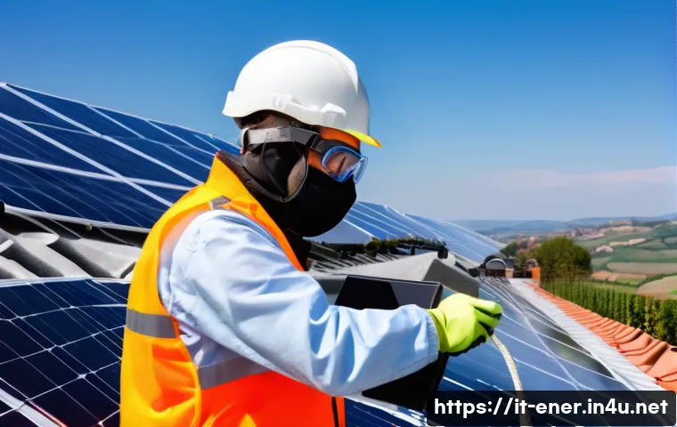 에너지기술자 관련 법규 정리 - A professional Italian energy technician wearing full personal protective equipment (PPE) including ...