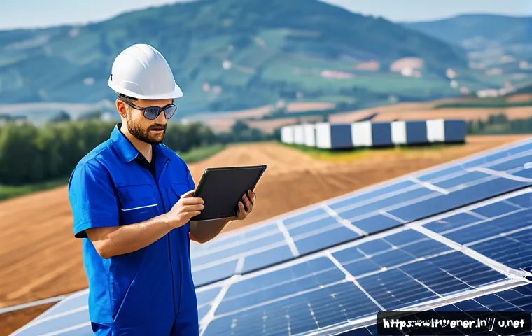 에너지 설비 유지보수 사례 - A high-tech solar photovoltaic power plant under bright daylight, featuring advanced predictive main...