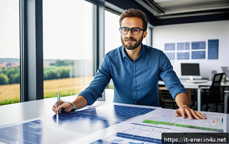 에너지기술 취업 지원서 작성법 - A professional Italian renewable energy engineer in a modern office environment, wearing smart casua...