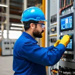 Home 22 에너지기술자 자격증 응시 요건 - A professional energy technician wearing a modern blue and gray work uniform with safety gloves and ...