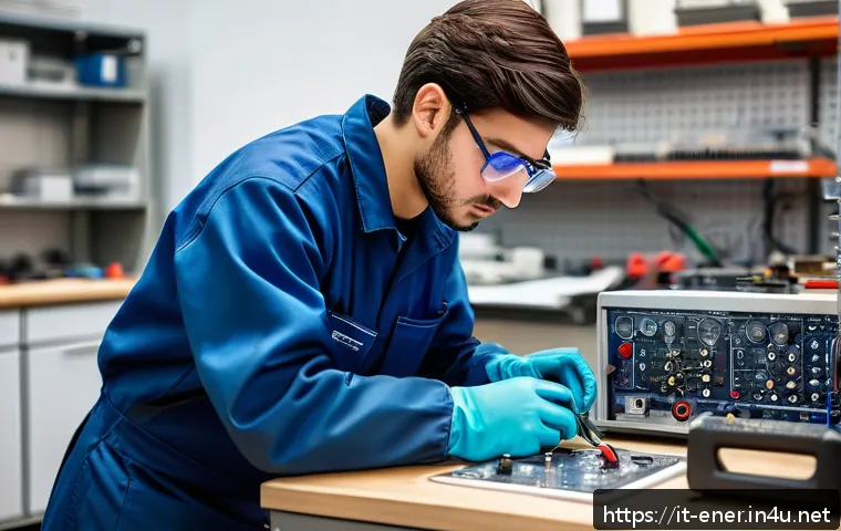 에너지기술 실기 시험 실수 방지 팁 - A focused young adult Italian technician practicing practical exam skills in a clean, organized work...