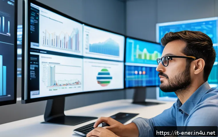 에너지기술자 이직 성공 사례 - A modern energy engineer working in a bright, high-tech office, surrounded by multiple large screens...