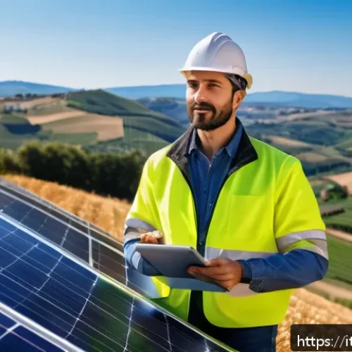 Home 30 에너지기술자의 커리어 전망 - A modern energy technician wearing professional protective gear and smart casual clothes, working at...