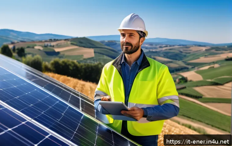에너지기술자의 커리어 전망 - A modern energy technician wearing professional protective gear and smart casual clothes, working at...
