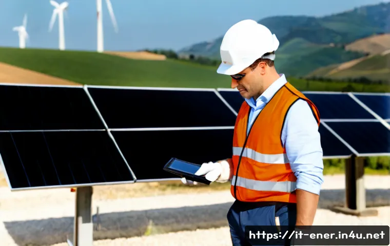 에너지기술 관련 직무 트렌드 - Photorealistic renewable energy technician in a modern Italian solar farm, wearing protective helmet...